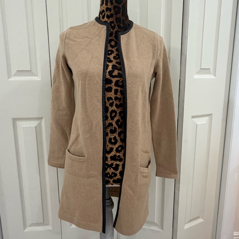 Ralph Lauren Black Label Women Cardigan Sweater Tan Cashmere Lamb Leather Trim